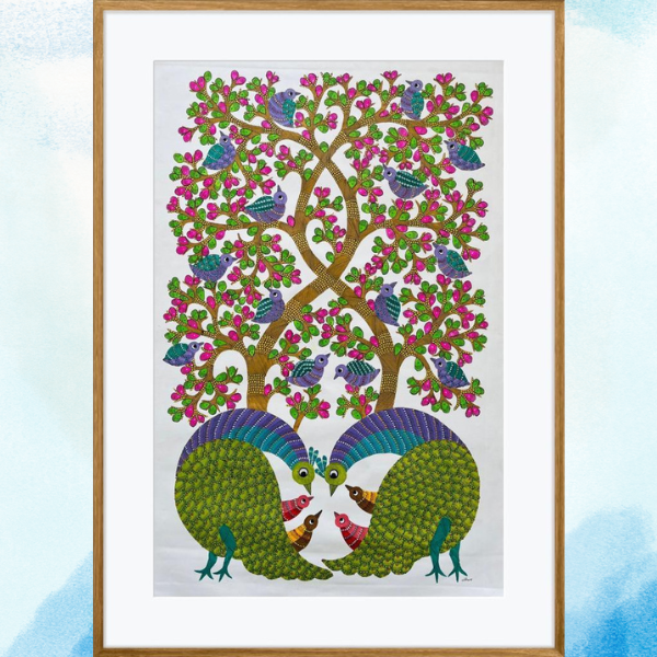 Gond Art Beautiful Peacocks Wall Painting