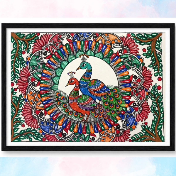 Handmade Madhubani Art – Two Divine Peacocks