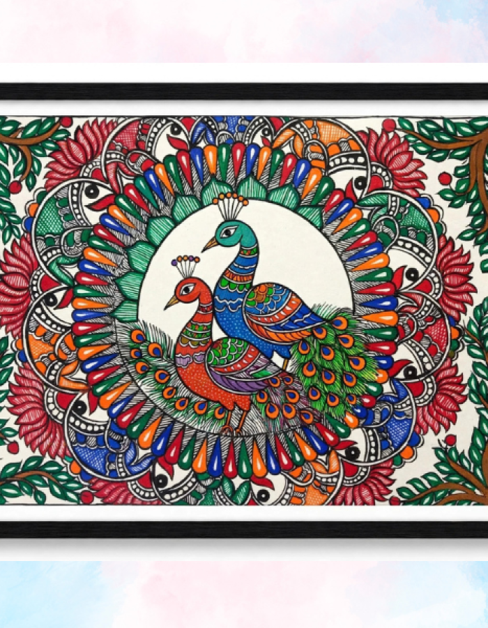 Handmade Madhubani Art – Two Divine Peacocks